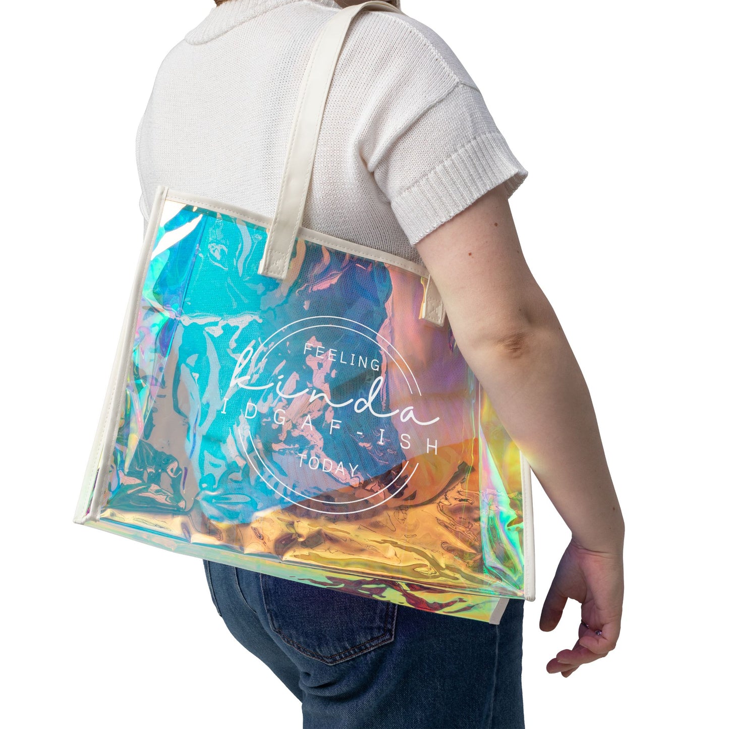 Holographic Beach Tote Bag — 'Feeling Kinda I Don’t Care' Iridescent Pool Bag