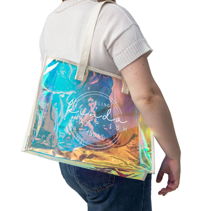 Holographic Beach Tote Bag — 'Feeling Kinda I Don’t Care' Iridescent Pool Bag